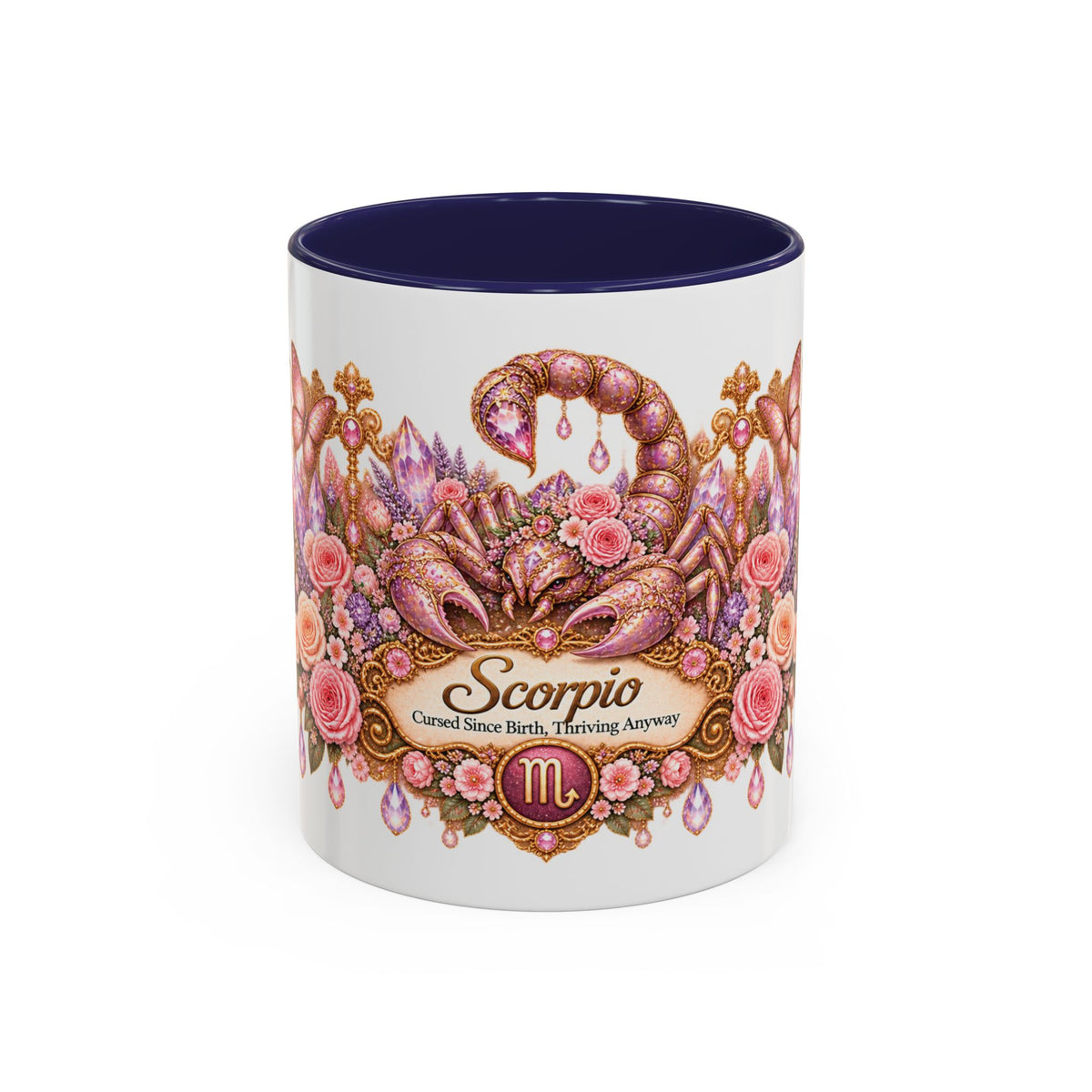 Scorpio Floral Zodiac accent coffee mug, 11oz, white with navy interior and handle