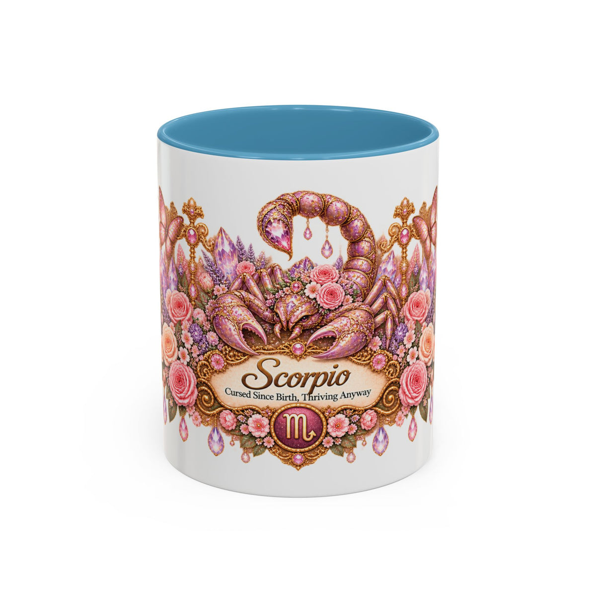Scorpio Floral Zodiac accent coffee mug, 11oz, white with light blue interior and handle