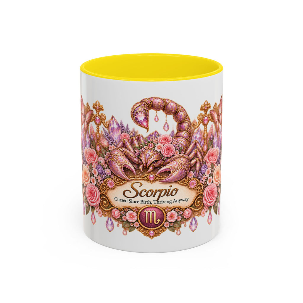 Scorpio Floral Zodiac accent coffee mug, 11oz, white with yellow interior and handle