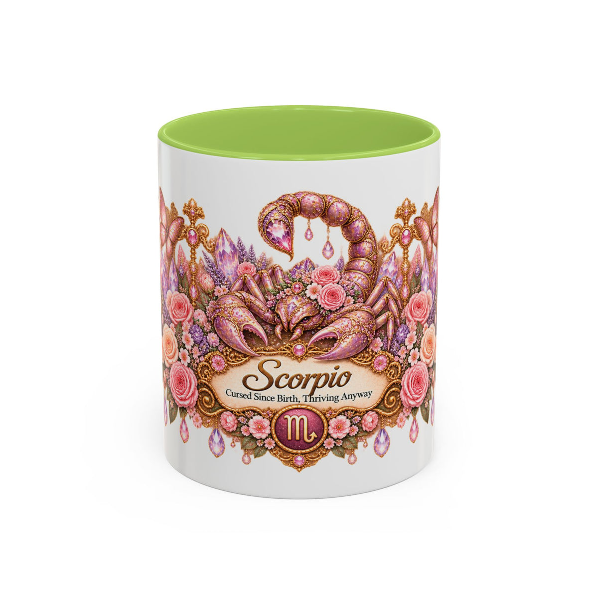 Scorpio Floral Zodiac accent coffee mug, 11oz, white with light green interior and handle