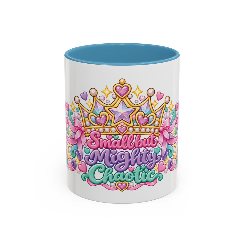 Small but Mighty Chaotic accent coffee mug, 11oz, white with light blue interior and handle