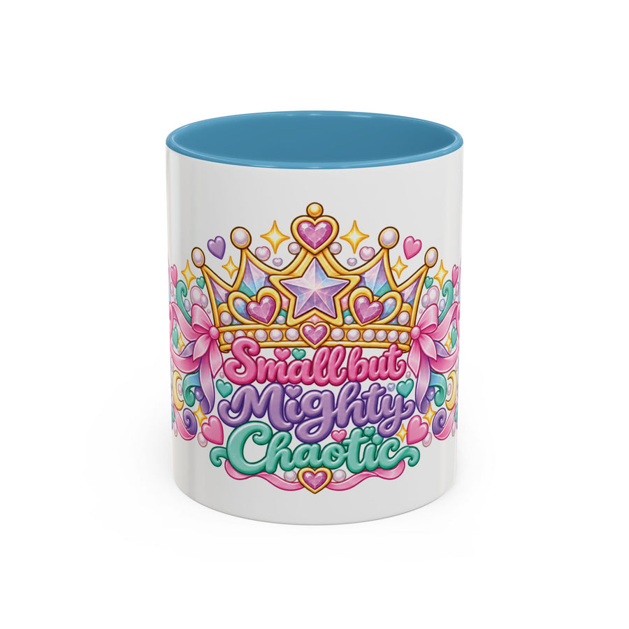 Small but Mighty Chaotic accent coffee mug, 11oz, white with light blue interior and handle
