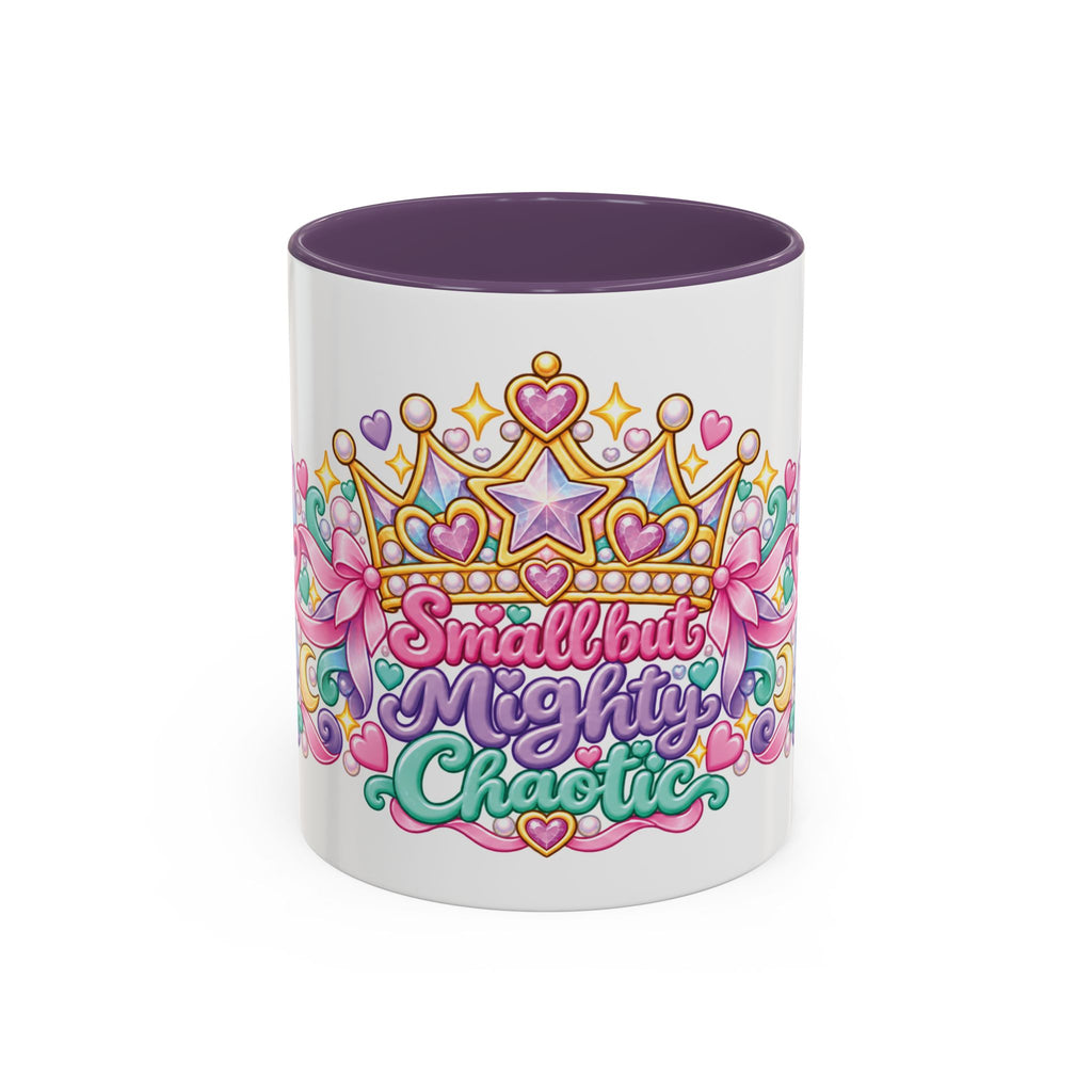 Small but Mighty Chaotic accent coffee mug, 11oz, white with purple interior and handle