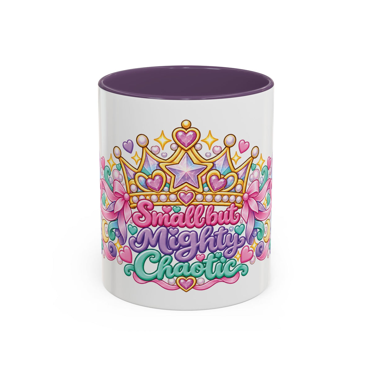 Small but Mighty Chaotic accent coffee mug, 11oz, white with purple interior and handle