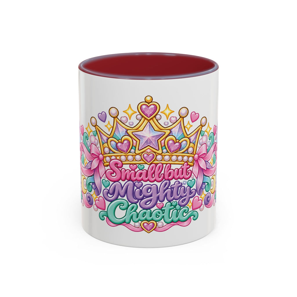 Small but Mighty Chaotic accent coffee mug, 11oz, white with maroon interior and handle
