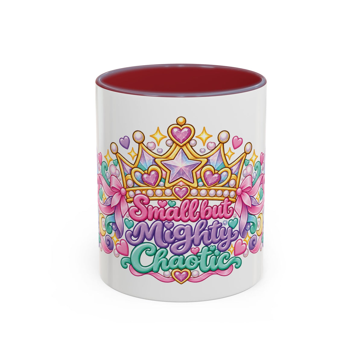 Small but Mighty Chaotic accent coffee mug, 11oz, white with maroon interior and handle