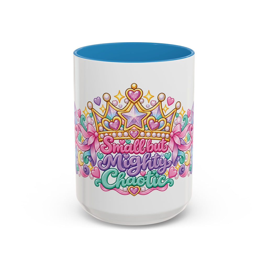 Small but Mighty Chaotic accent coffee mug, 15oz, white with blue interior and handle