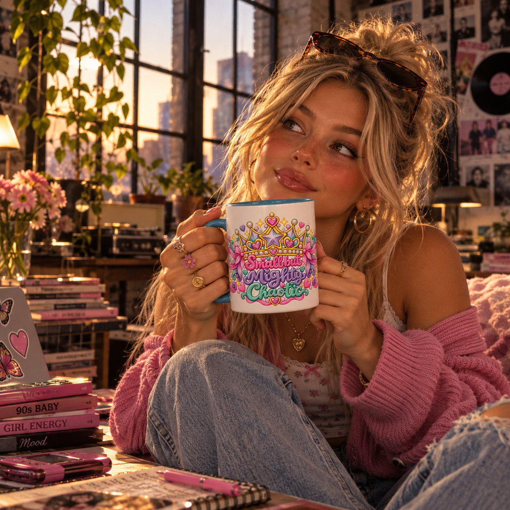 Small but Mighty Chaotic accent coffee mug in a cozy lifestyle photo