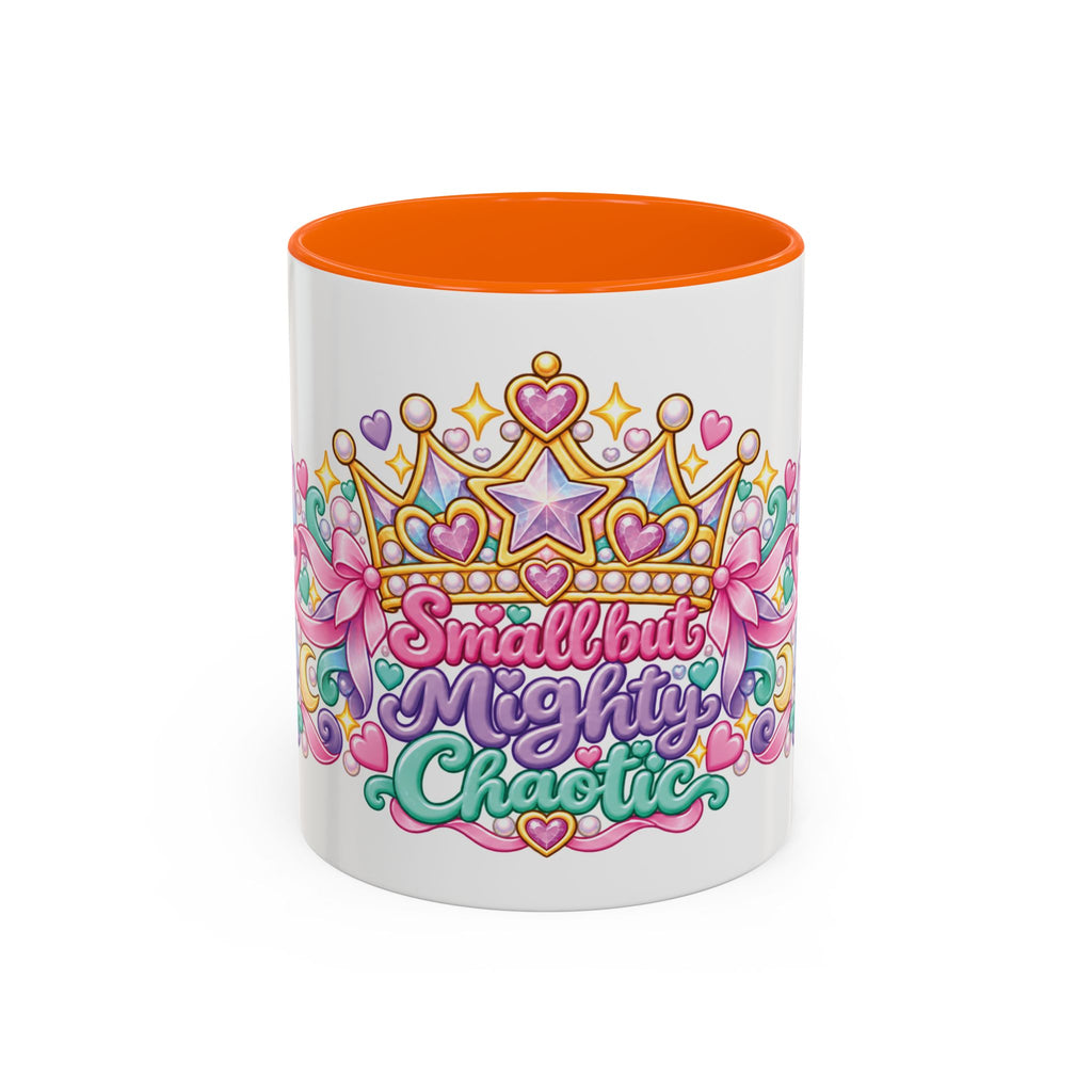 Small but Mighty Chaotic accent coffee mug, 11oz, white with orange interior and handle