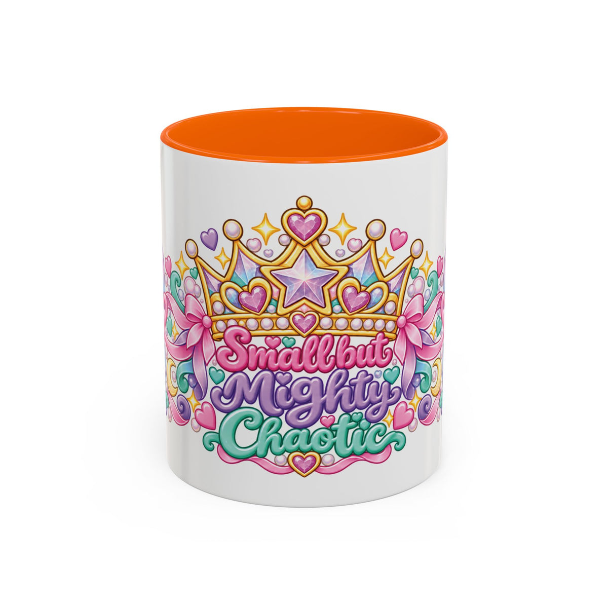 Small but Mighty Chaotic accent coffee mug, 11oz, white with orange interior and handle