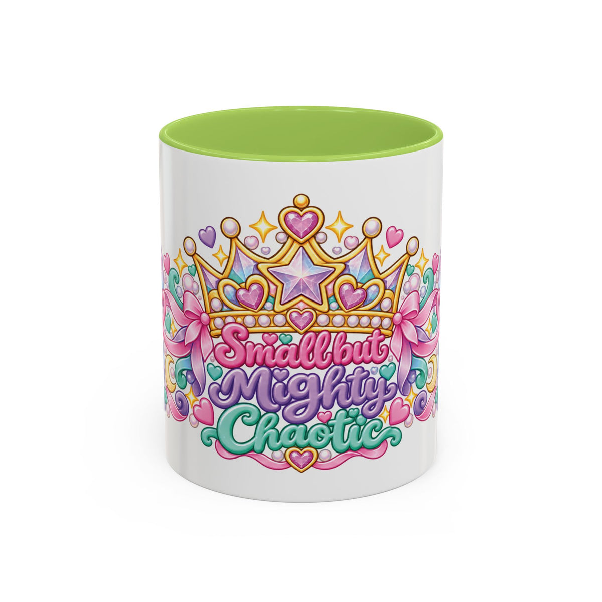 Small but Mighty Chaotic accent coffee mug, 11oz, white with light green interior and handle