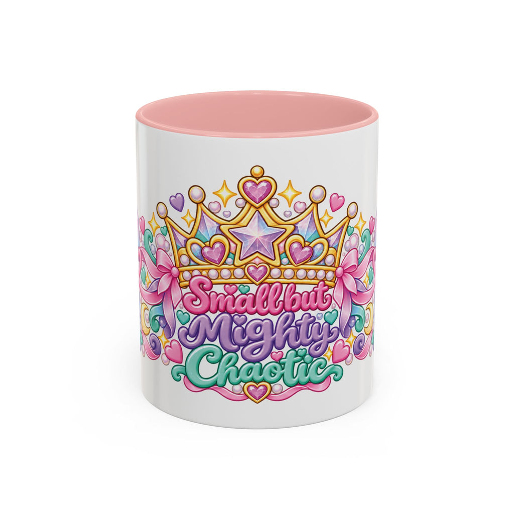 Small but Mighty Chaotic accent coffee mug, 11oz, white with pink interior and handle