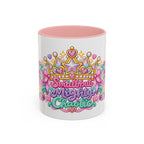Small but Mighty Chaotic accent coffee mug, 11oz, white with pink interior and handle