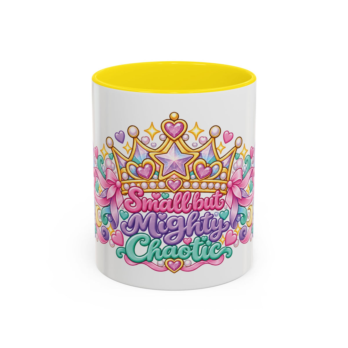 Small but Mighty Chaotic accent coffee mug, 11oz, white with yellow interior and handle