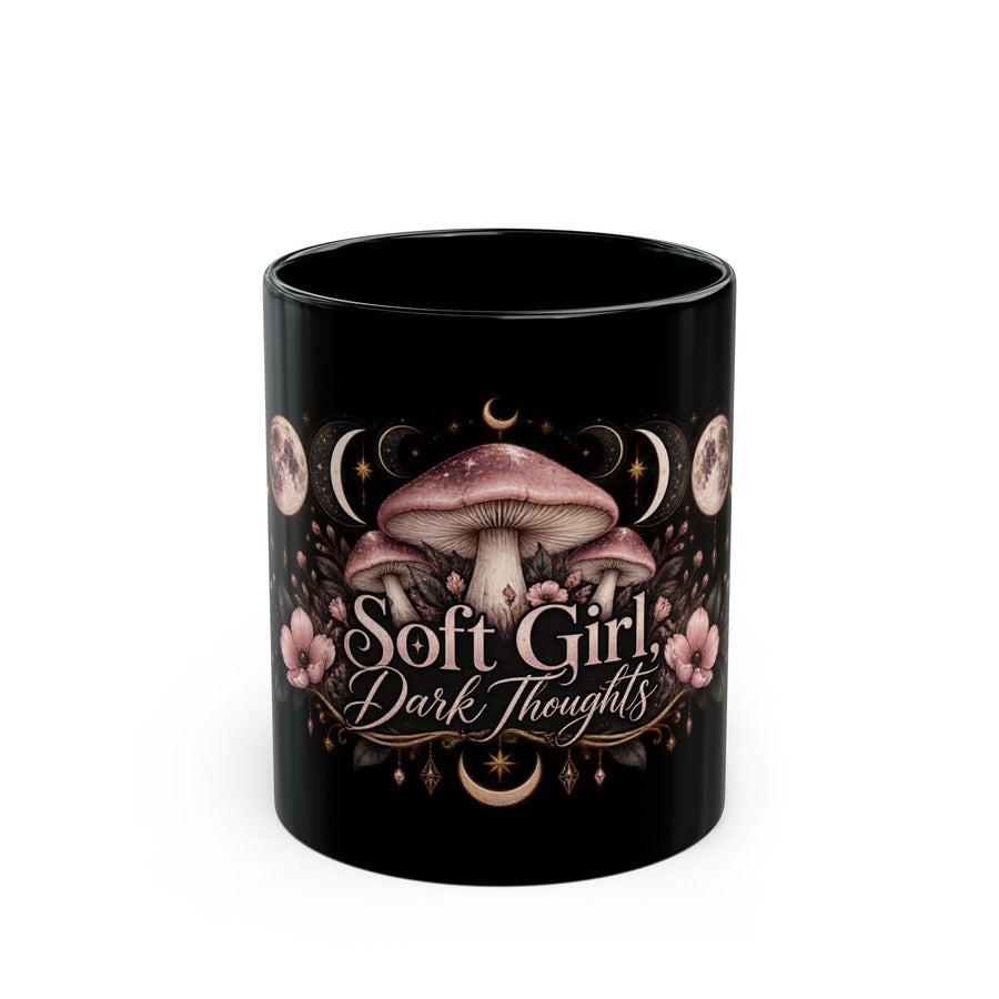 Soft Girl, Dark Thoughts black coffee mug, 11oz, front view