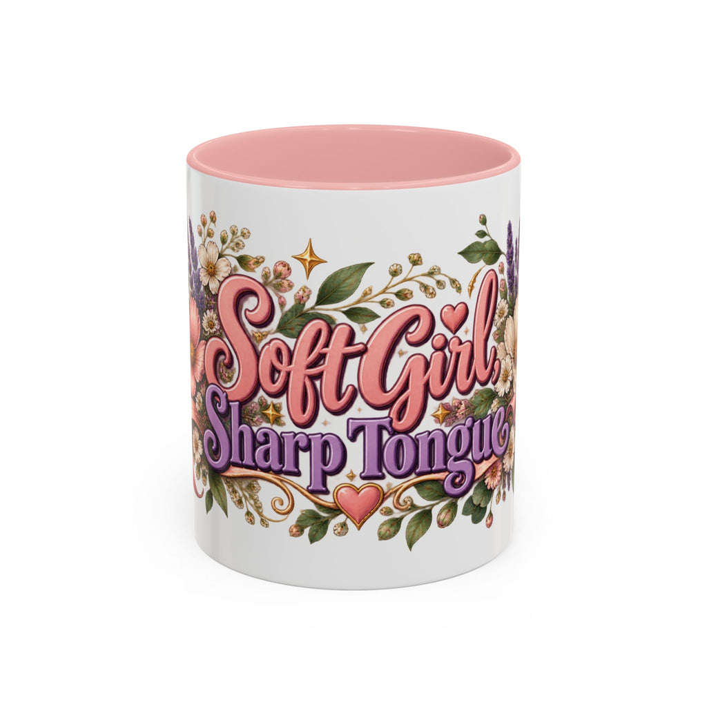 Soft Girl, Sharp Tongue accent coffee mug, 11oz, white with pink interior and handle