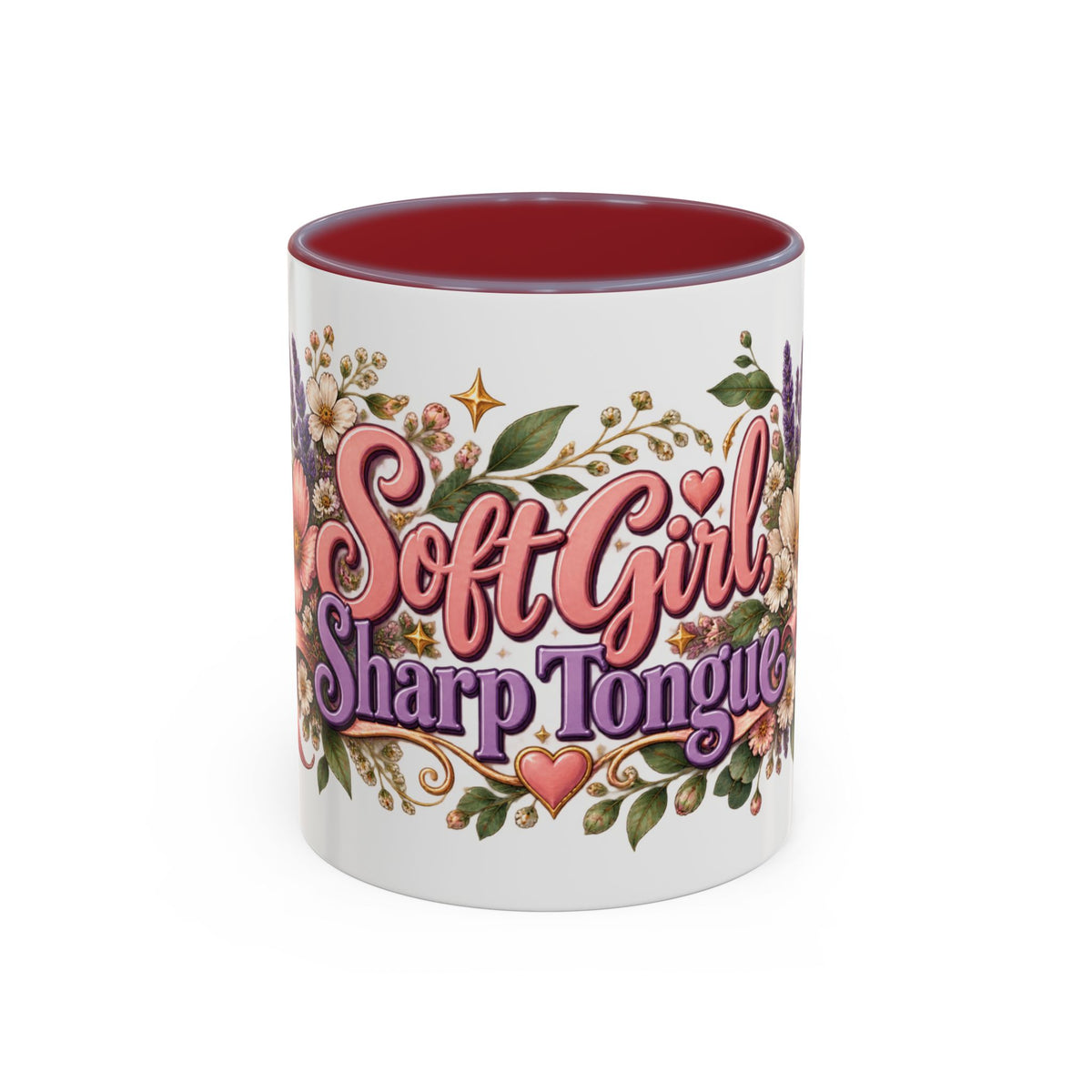 Soft Girl, Sharp Tongue accent coffee mug, 11oz, white with maroon interior and handle