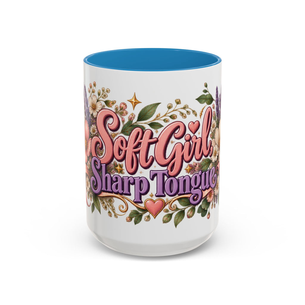 Soft Girl, Sharp Tongue accent coffee mug, 15oz, white with blue interior and handle