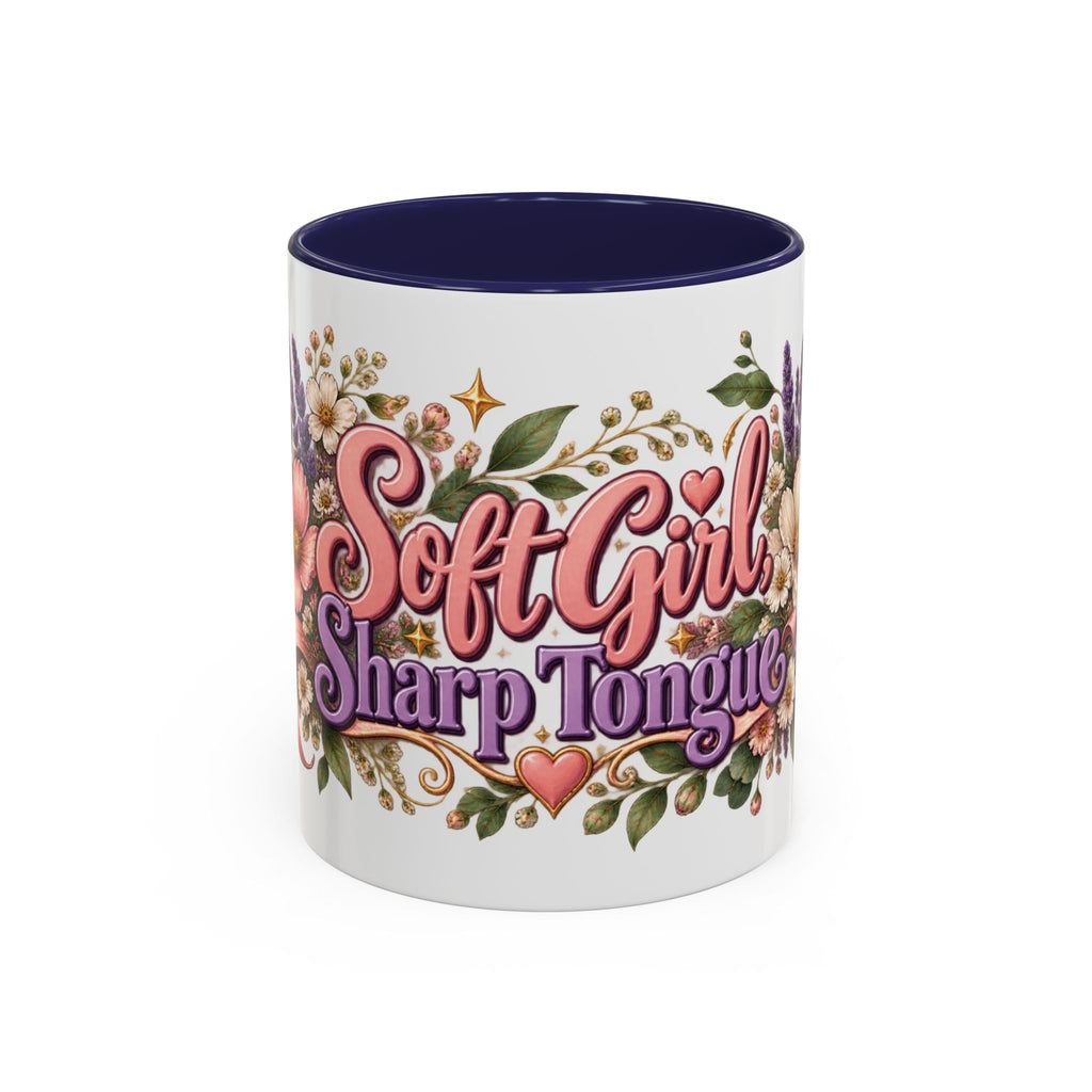 Soft Girl, Sharp Tongue accent coffee mug, 11oz, white with navy interior and handle