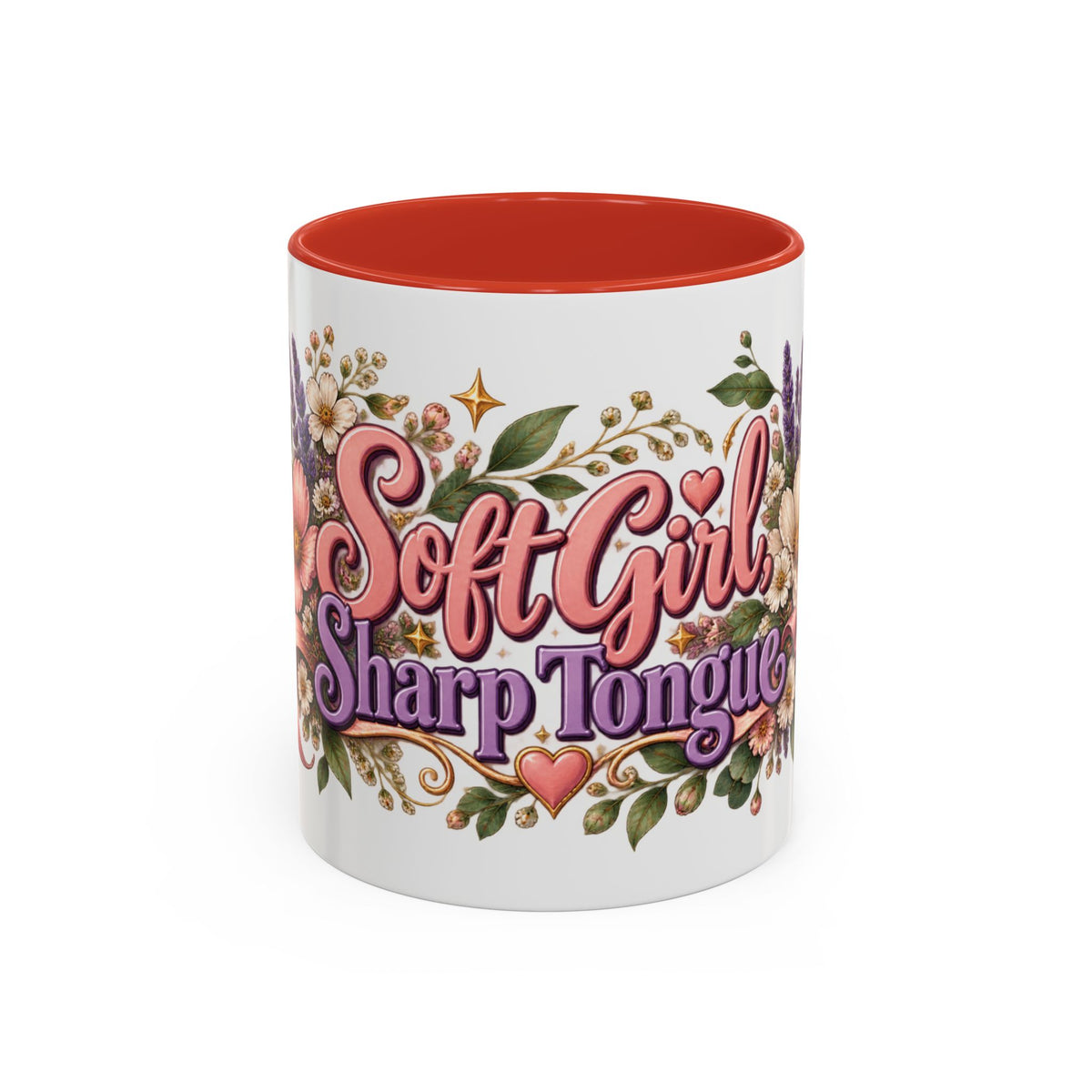 Soft Girl, Sharp Tongue accent coffee mug, 11oz, white with red interior and handle