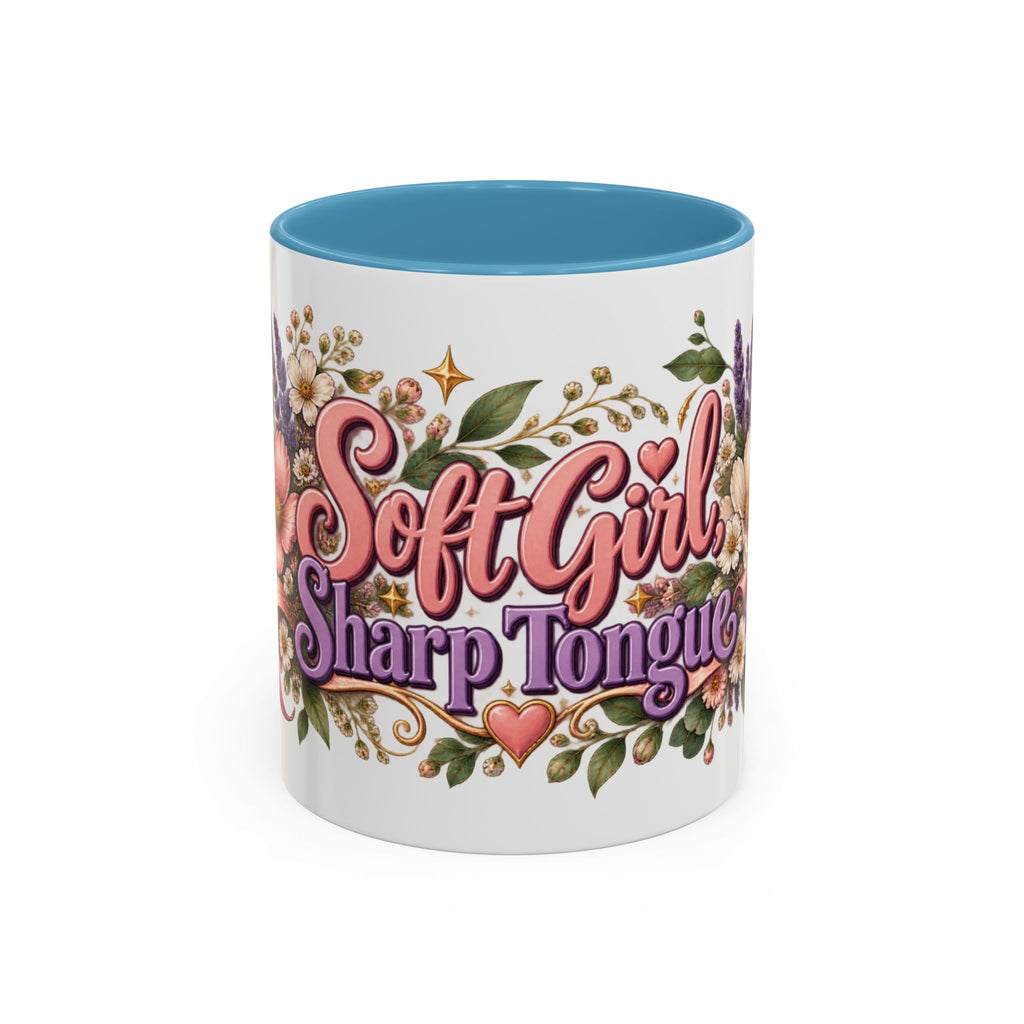 Soft Girl, Sharp Tongue accent coffee mug, 11oz, white with light blue interior and handle