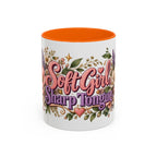 Soft Girl, Sharp Tongue accent coffee mug, 11oz, white with orange interior and handle
