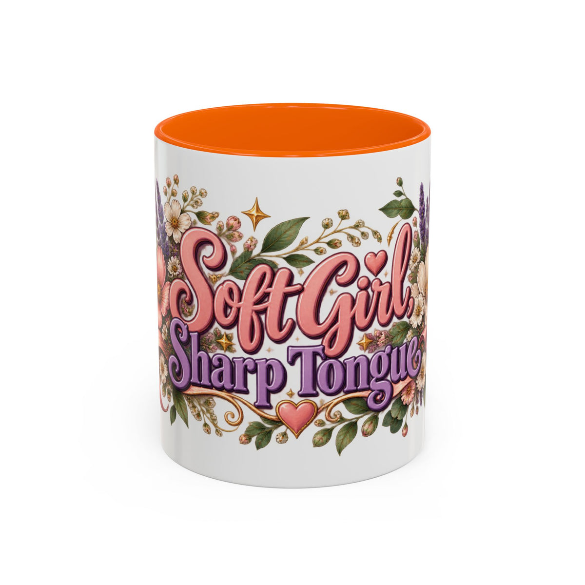 Soft Girl, Sharp Tongue accent coffee mug, 11oz, white with orange interior and handle