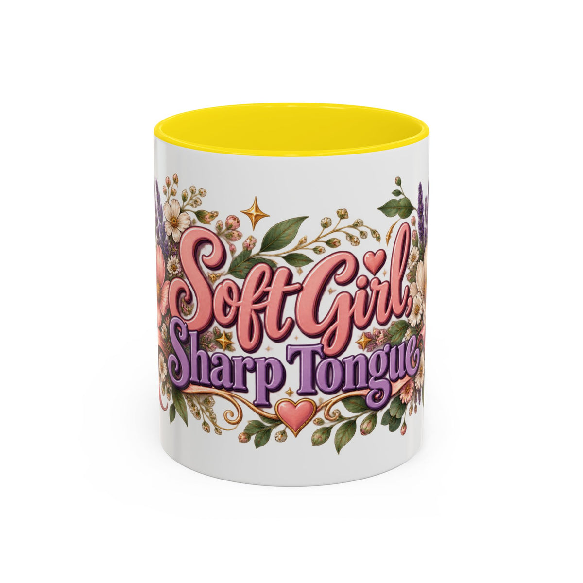 Soft Girl, Sharp Tongue accent coffee mug, 11oz, white with yellow interior and handle