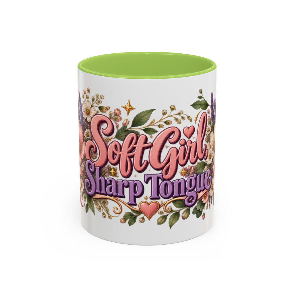 Soft Girl, Sharp Tongue accent coffee mug, 11oz, white with light green interior and handle