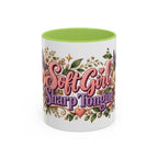 Soft Girl, Sharp Tongue accent coffee mug, 11oz, white with light green interior and handle