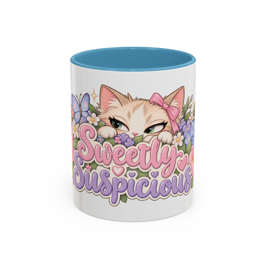 Sweetly Suspicious accent coffee mug, 11oz, white with light blue interior and handle
