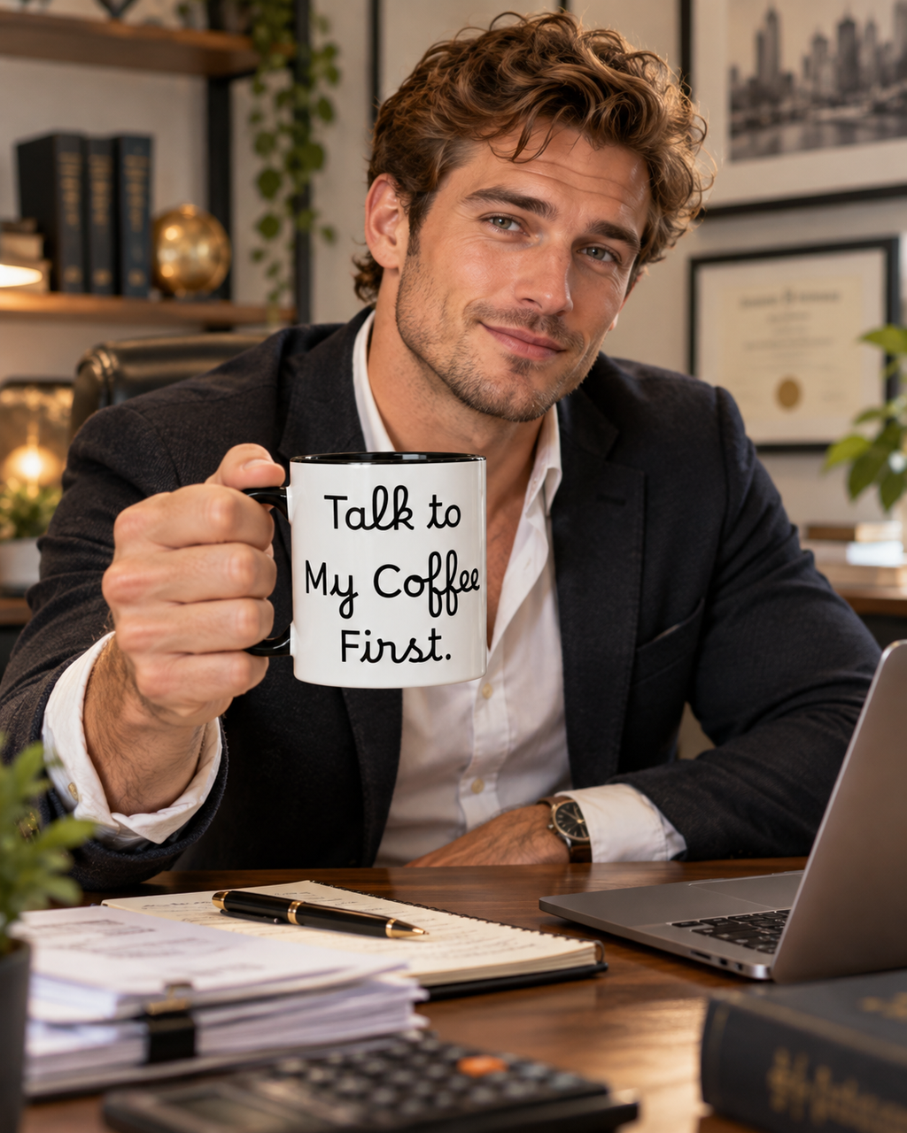 Talk to My Coffee First accent coffee mug in a cozy lifestyle photo