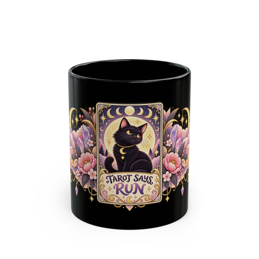 Tarot Says Run black coffee mug, 11oz, front view
