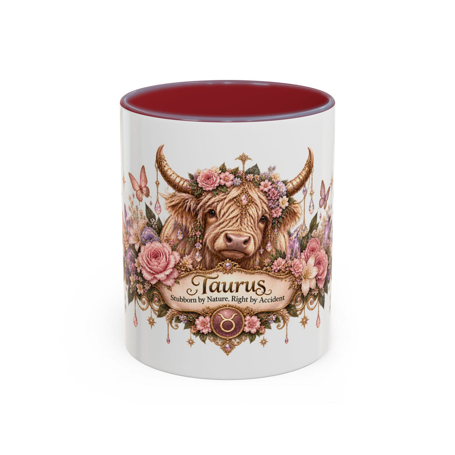 Taurus Floral Zodiac accent coffee mug, 11oz, white with maroon interior and handle