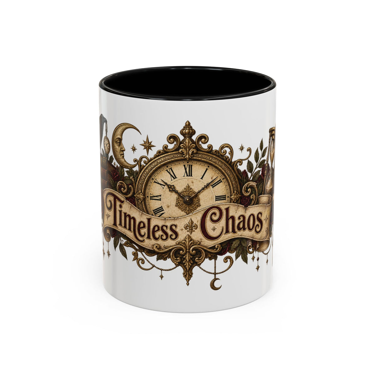 Timeless Chaos accent coffee mug, 11oz, white with black interior and handle