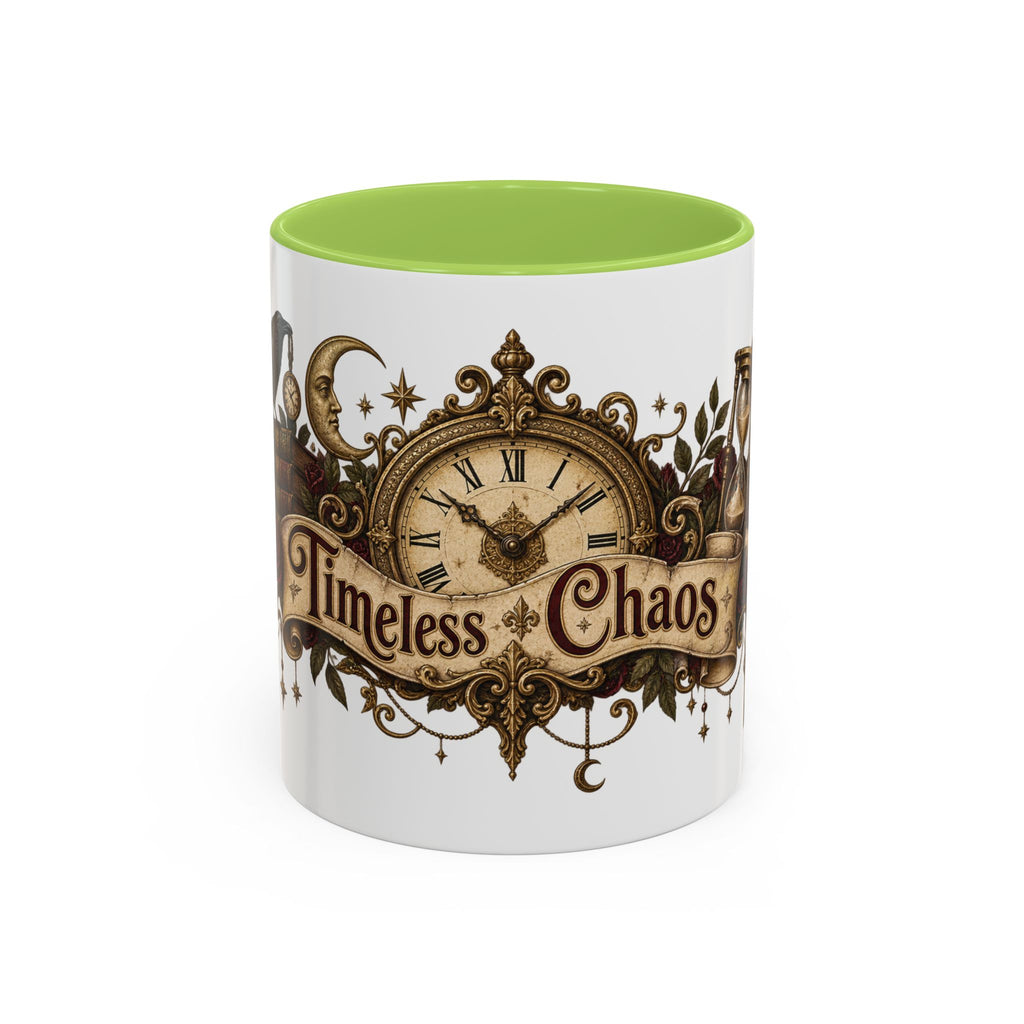 Timeless Chaos accent coffee mug, 11oz, white with light green interior and handle