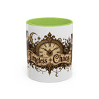 Timeless Chaos accent coffee mug, 11oz, white with light green interior and handle