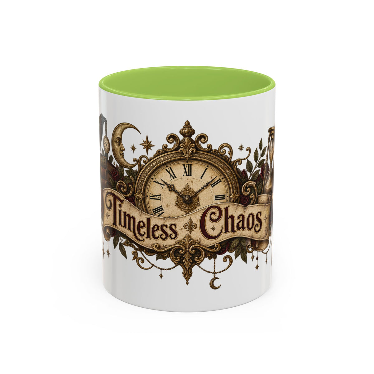 Timeless Chaos accent coffee mug, 11oz, white with light green interior and handle