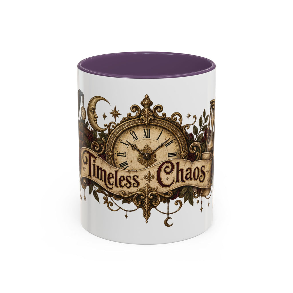Timeless Chaos accent coffee mug, 11oz, white with purple interior and handle