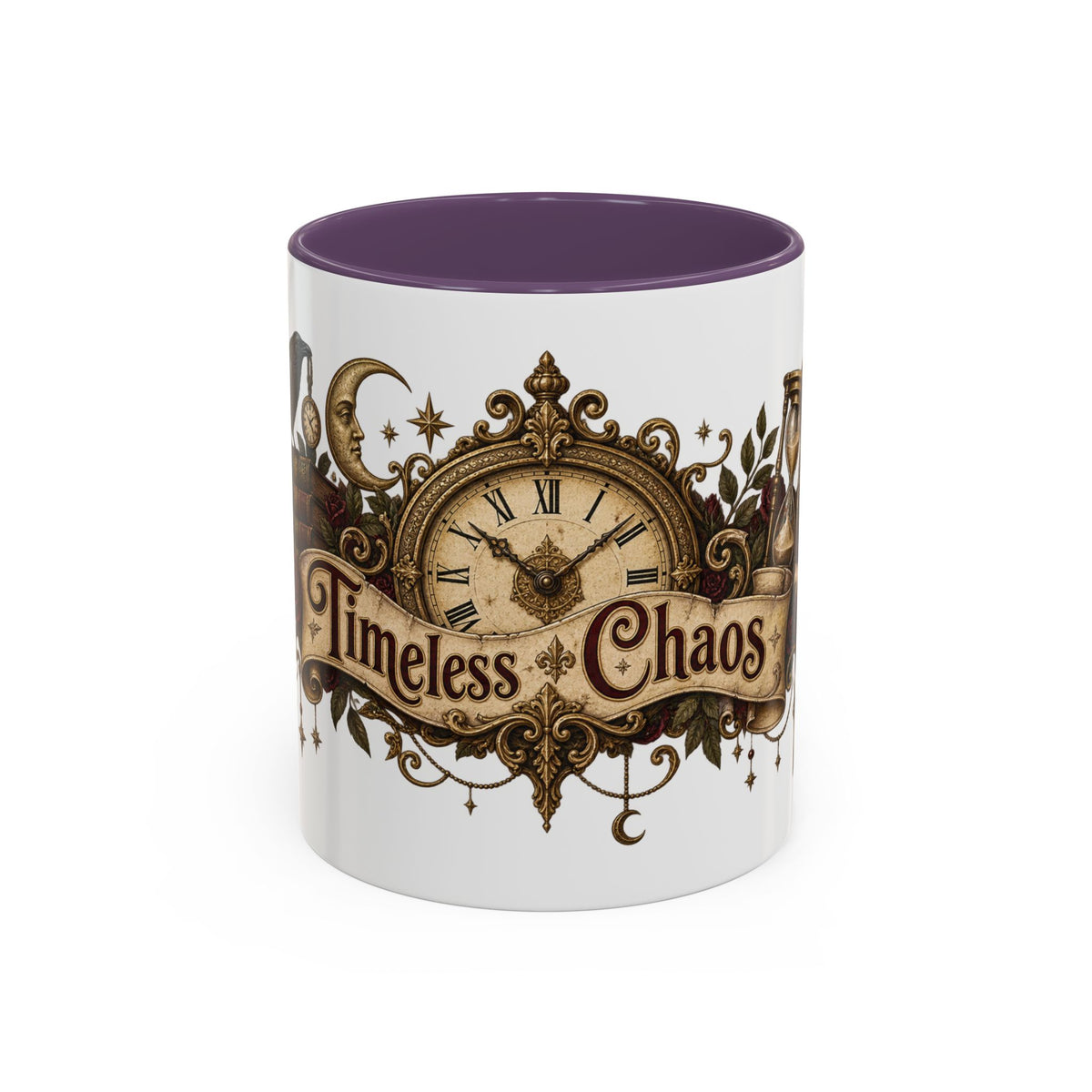 Timeless Chaos accent coffee mug, 11oz, white with purple interior and handle
