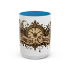 Timeless Chaos accent coffee mug, 15oz, white with blue interior and handle