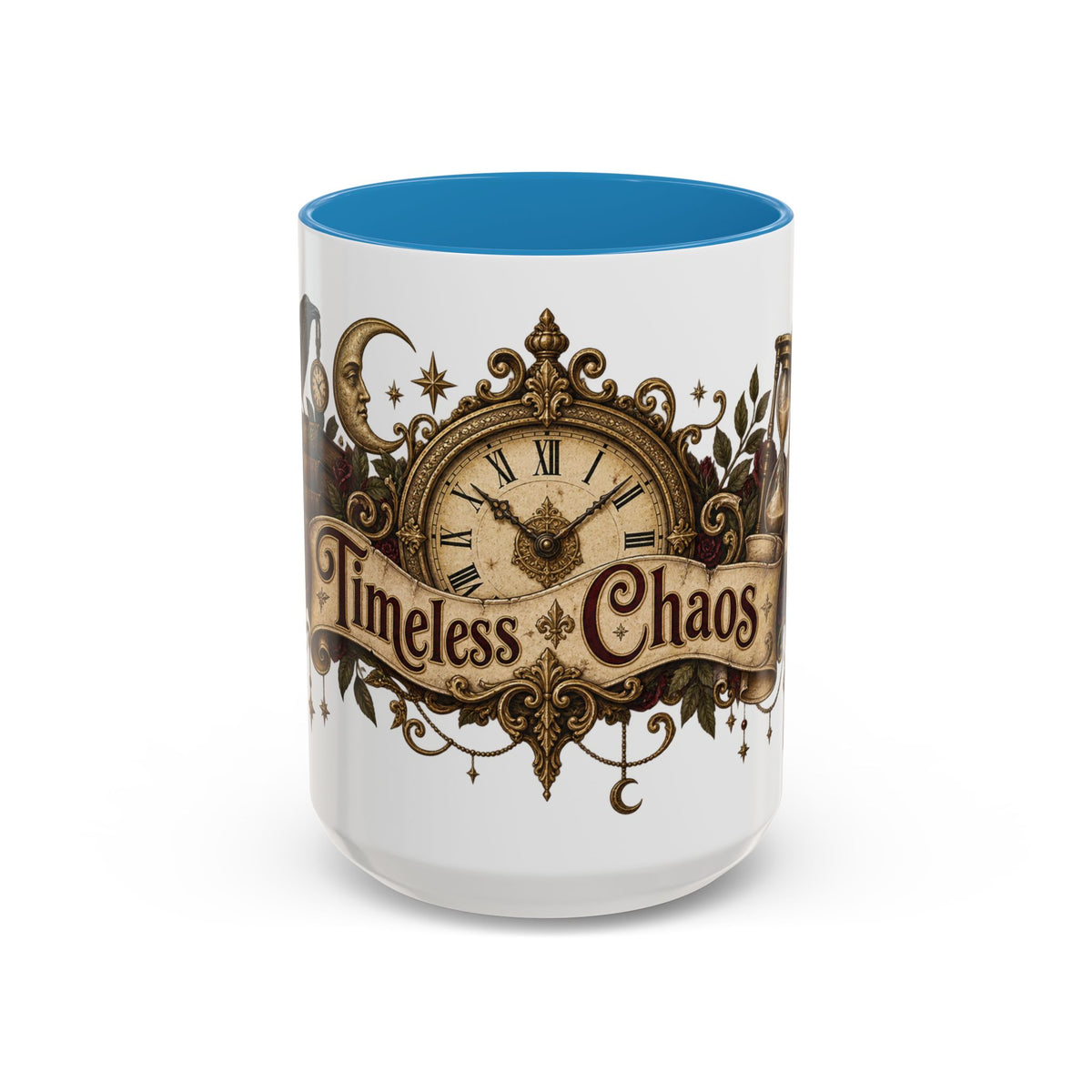 Timeless Chaos accent coffee mug, 15oz, white with blue interior and handle