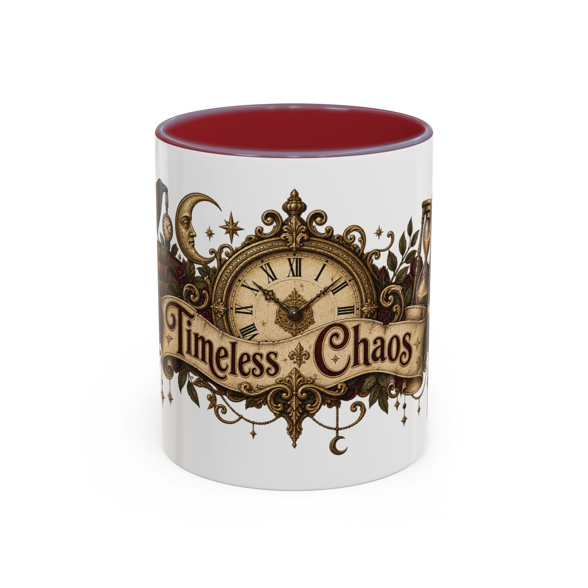 Timeless Chaos accent coffee mug, 11oz, white with maroon interior and handle