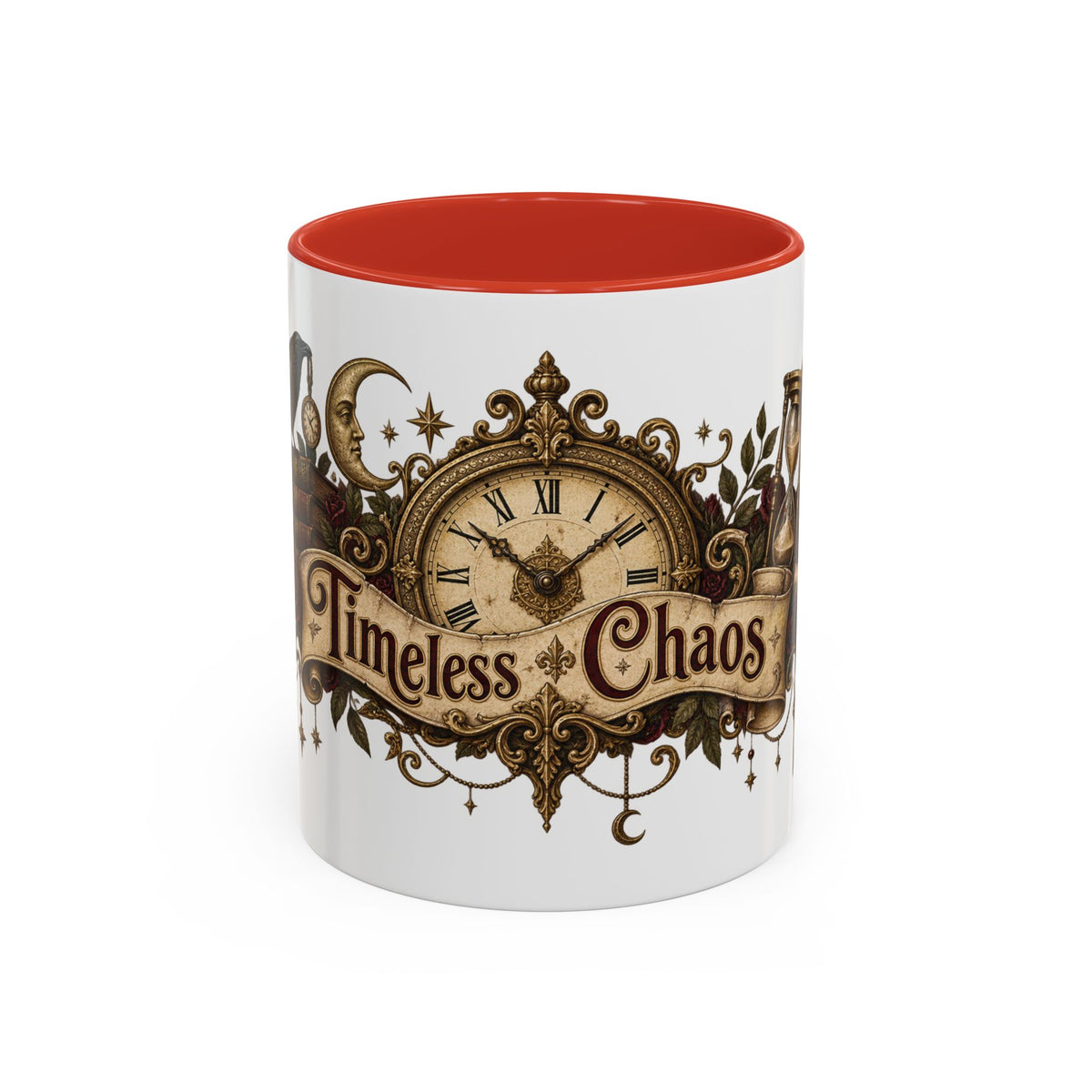 Timeless Chaos accent coffee mug, 11oz, white with red interior and handle