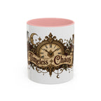 Timeless Chaos accent coffee mug, 11oz, white with pink interior and handle