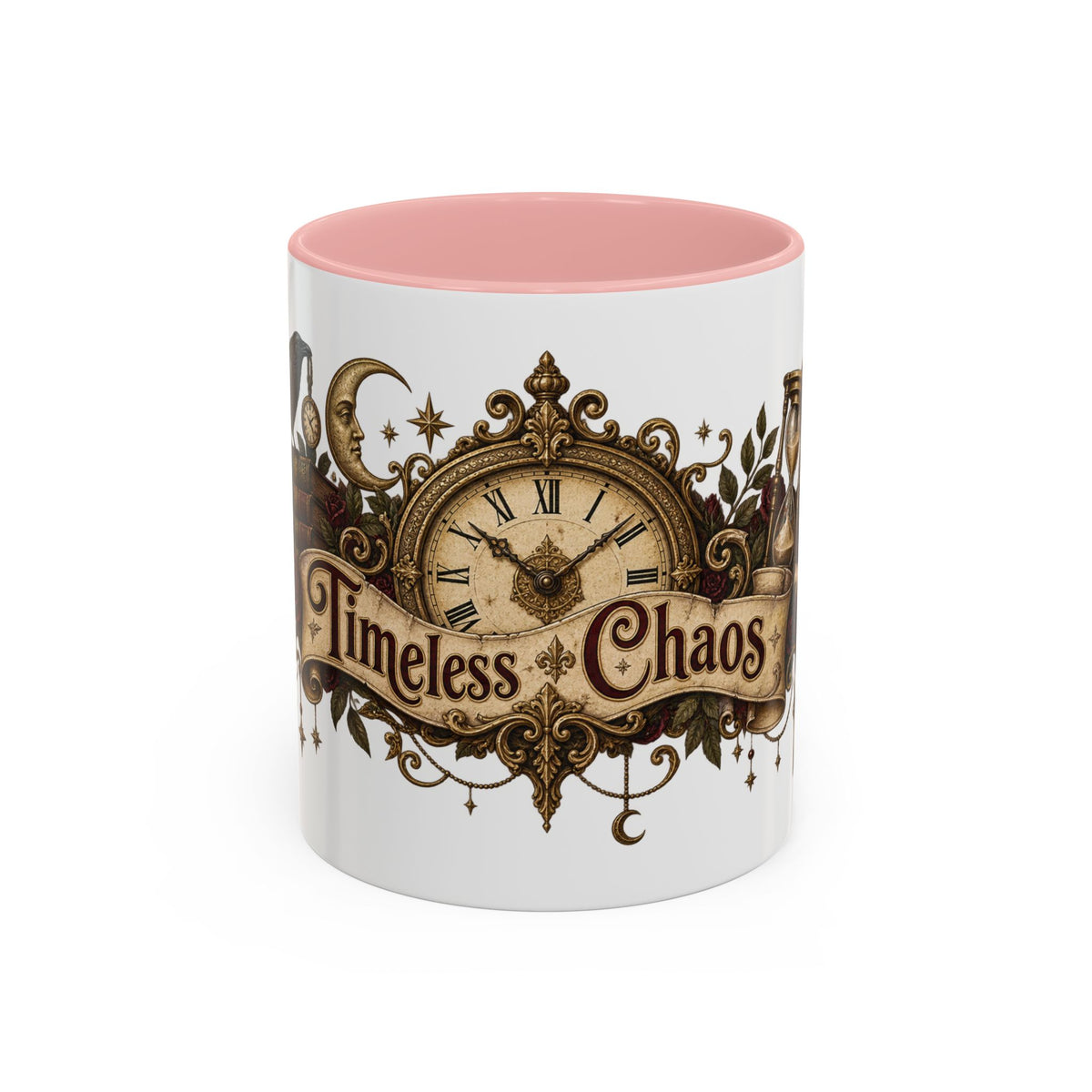Timeless Chaos accent coffee mug, 11oz, white with pink interior and handle
