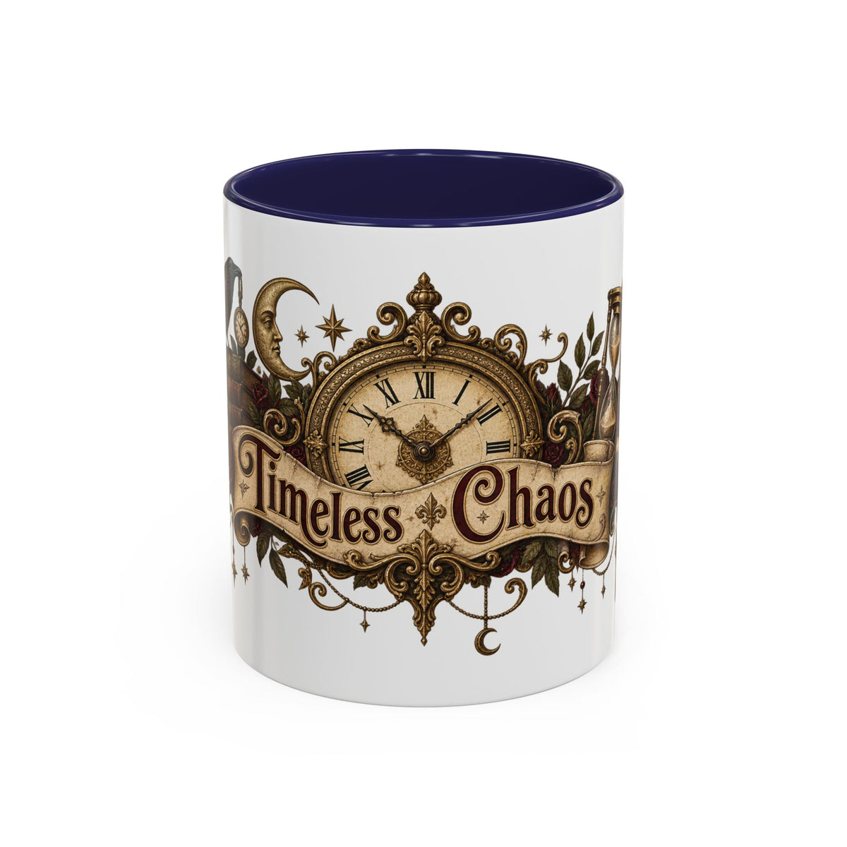 Timeless Chaos accent coffee mug, 11oz, white with navy interior and handle