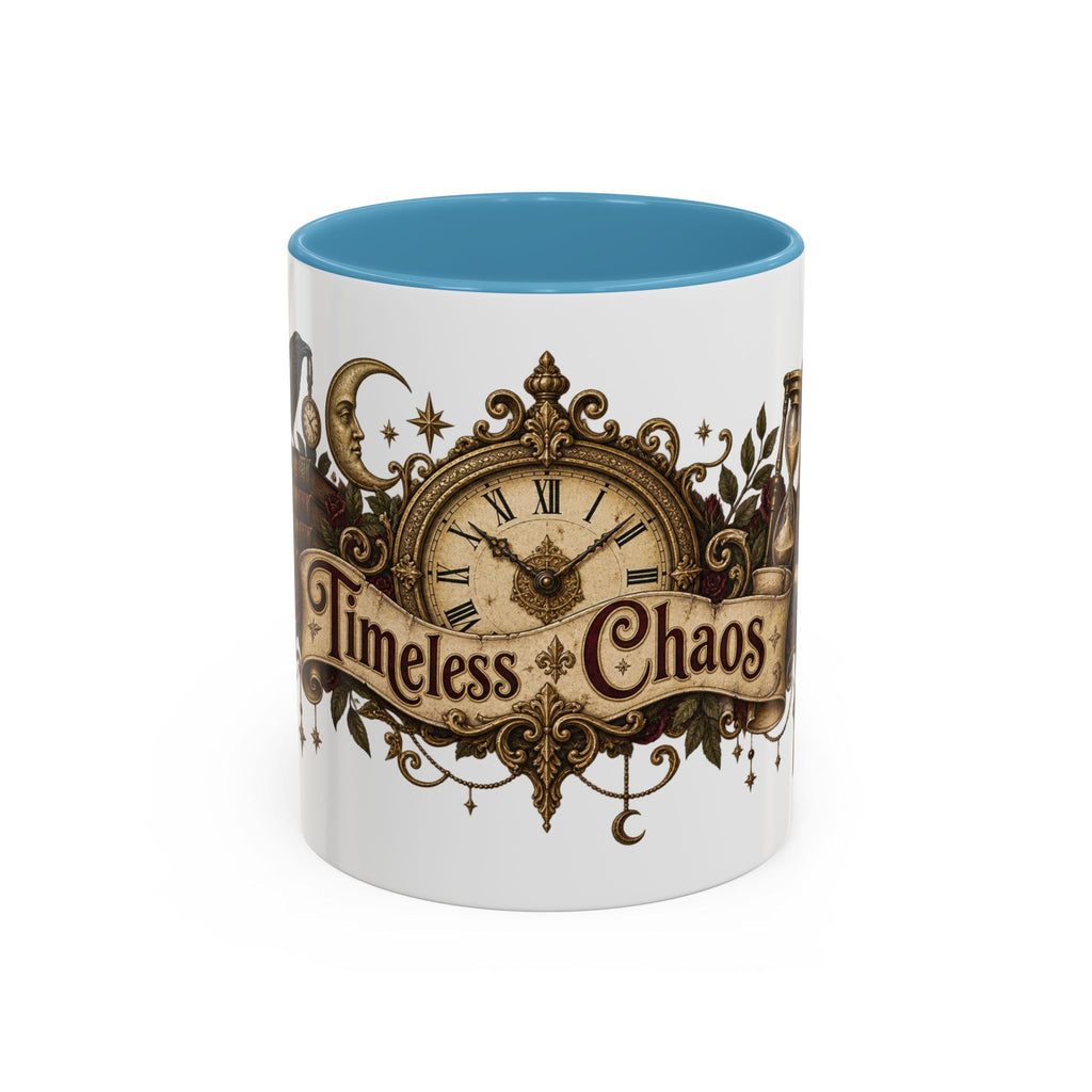 Timeless Chaos accent coffee mug, 11oz, white with light blue interior and handle