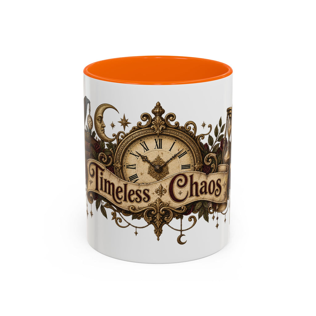 Timeless Chaos accent coffee mug, 11oz, white with orange interior and handle
