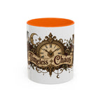 Timeless Chaos accent coffee mug, 11oz, white with orange interior and handle